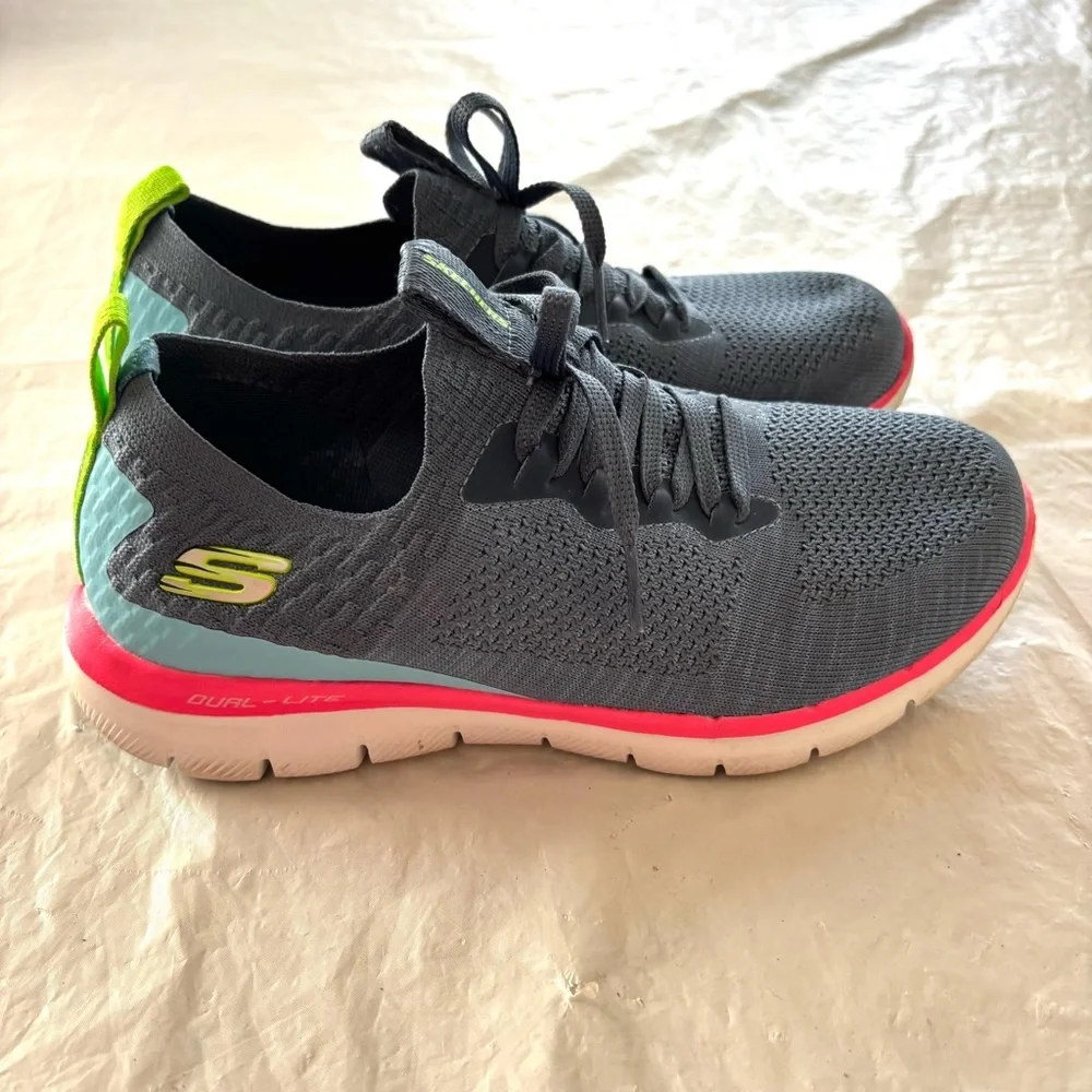 Skechers Flex Appeal 2.0 Stretch Knit Slip-On Sneakers blue pink SZ 6.5 Worn 1X